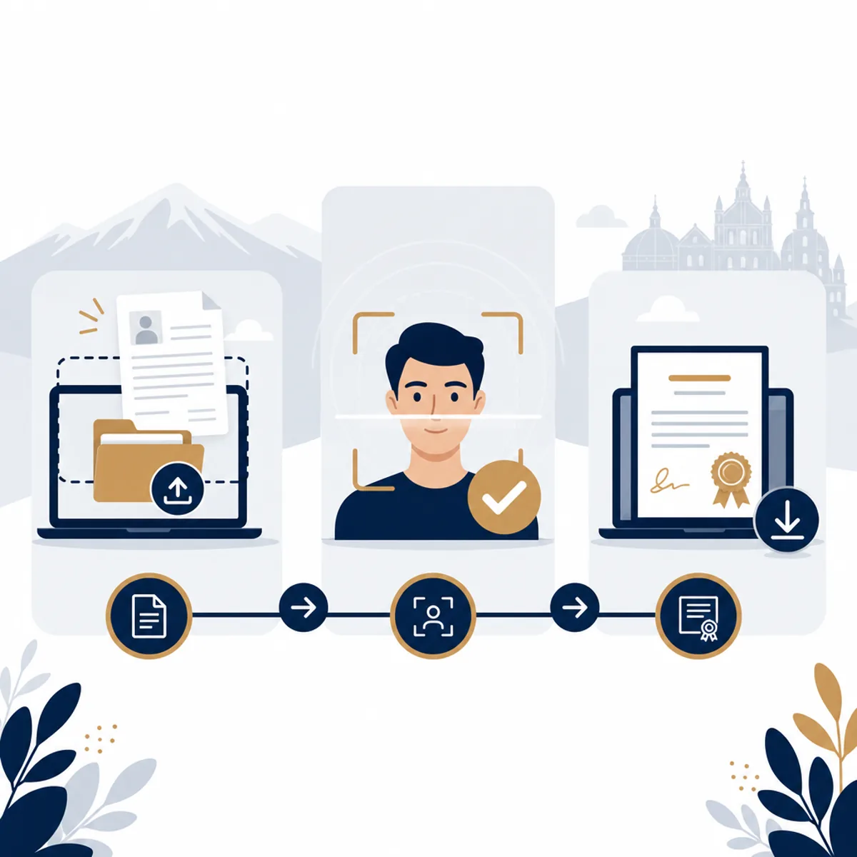 Flujo en línea para solicitar firma electrónica: documentos, validación de identidad y descarga