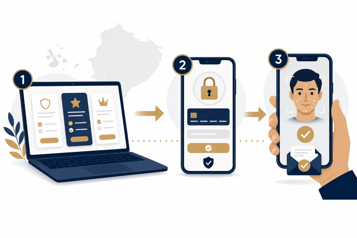 Ilustración del proceso: elegir plan, pagar en línea y completar biometría